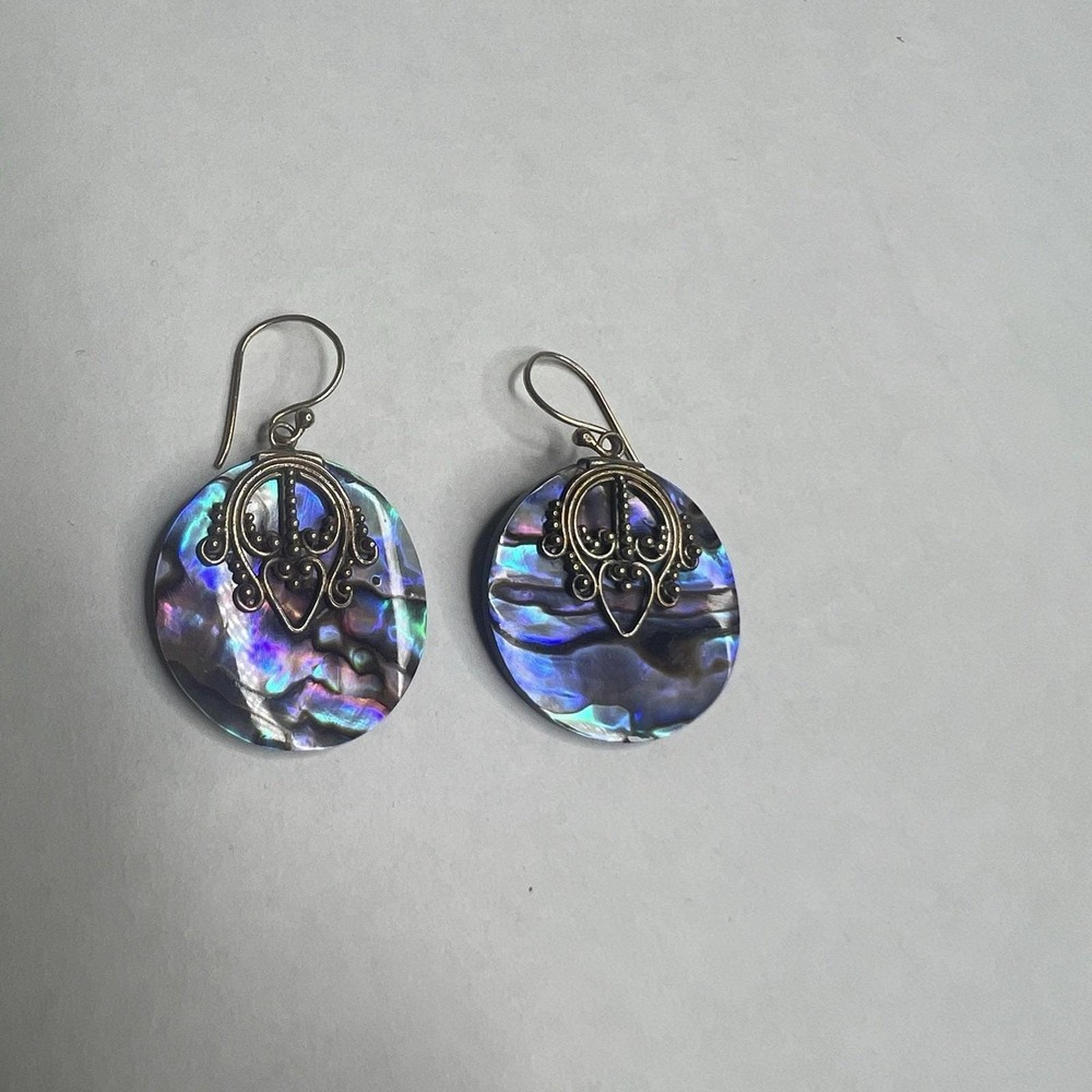 925 STERLING SILVER BALINESE ABALONE OVERLAY DANGLE ROUND 1" EARRINGS‎ BY SUARTI